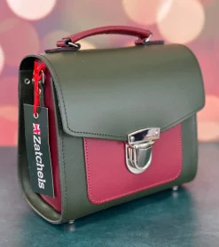 Zatchels Bags-Handmade Leather Sugarcube Plus Handbag - Ivy Green with Oxblood Contrast